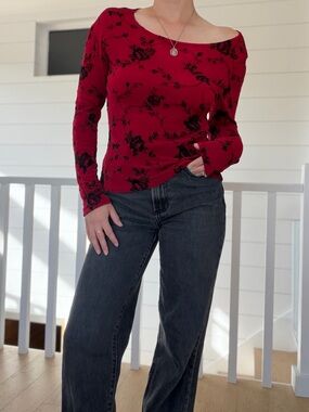 Vintage 90s Jonden Flocked Velvet Red Black Rose Off Shoulder Top Medium